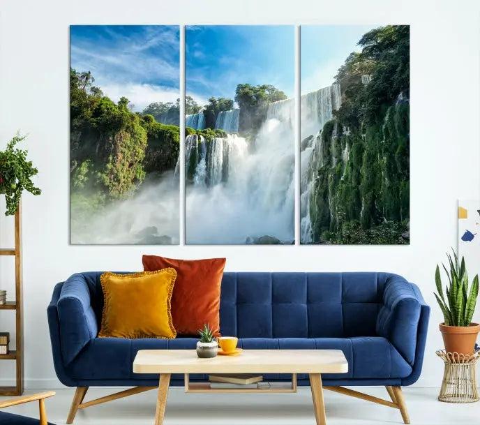 The Iguazu Nal Park Wall Art Canvas Print is a triptych display featuring museum-quality polycotton and a UV-protective coating. This ready-to-hang piece adds both elegance and durability to your space.