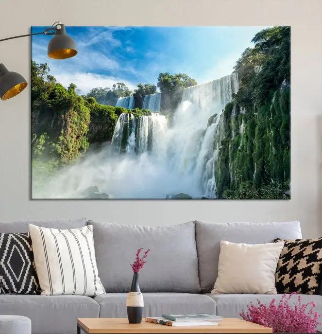 The Iguazu Nal Park Wall Art Canvas Print is a triptych display featuring museum-quality polycotton and a UV-protective coating. This ready-to-hang piece adds both elegance and durability to your space.