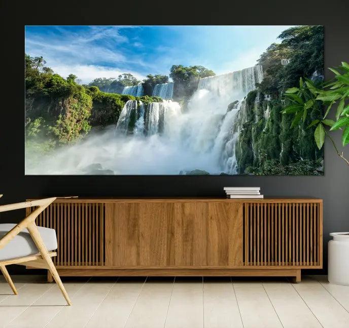 The Iguazu Nal Park Wall Art Canvas Print is a triptych display featuring museum-quality polycotton and a UV-protective coating. This ready-to-hang piece adds both elegance and durability to your space.