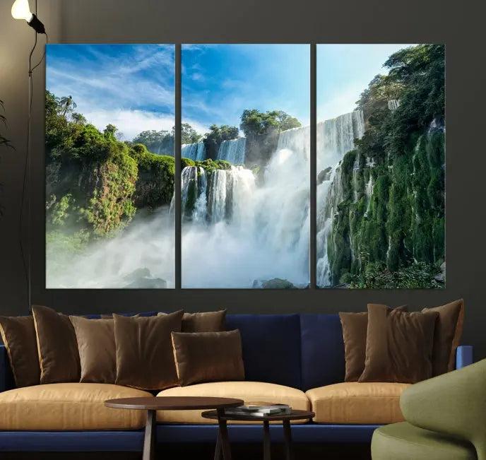 The Iguazu Nal Park Wall Art Canvas Print is a triptych display featuring museum-quality polycotton and a UV-protective coating. This ready-to-hang piece adds both elegance and durability to your space.