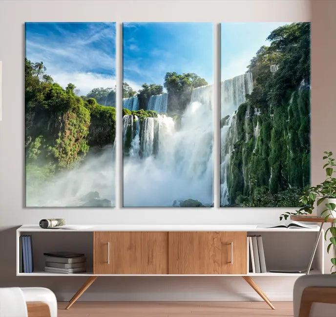 The Iguazu Nal Park Wall Art Canvas Print is a triptych display featuring museum-quality polycotton and a UV-protective coating. This ready-to-hang piece adds both elegance and durability to your space.