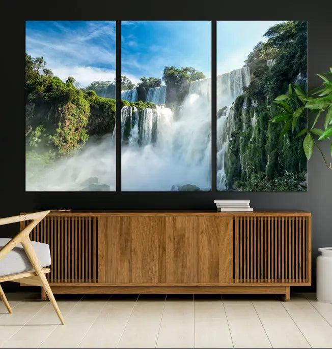 The Iguazu Nal Park Wall Art Canvas Print is a triptych display featuring museum-quality polycotton and a UV-protective coating. This ready-to-hang piece adds both elegance and durability to your space.