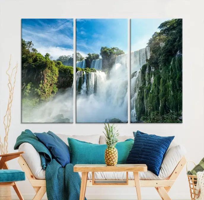 The Iguazu Nal Park Wall Art Canvas Print is a triptych display featuring museum-quality polycotton and a UV-protective coating. This ready-to-hang piece adds both elegance and durability to your space.