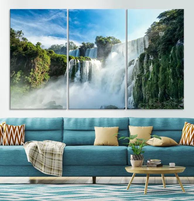 The Iguazu Nal Park Wall Art Canvas Print is a triptych display featuring museum-quality polycotton and a UV-protective coating. This ready-to-hang piece adds both elegance and durability to your space.