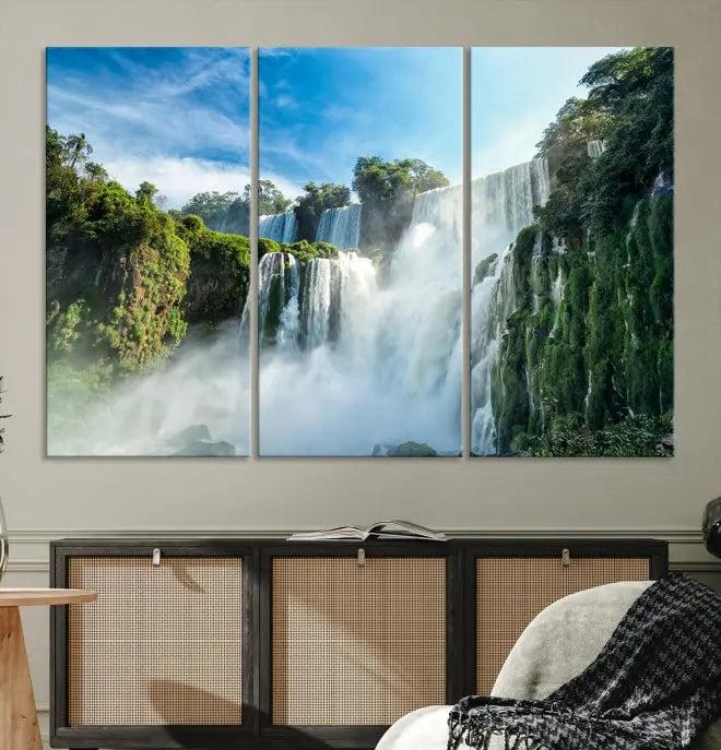 The Iguazu Nal Park Wall Art Canvas Print is a triptych display featuring museum-quality polycotton and a UV-protective coating. This ready-to-hang piece adds both elegance and durability to your space.