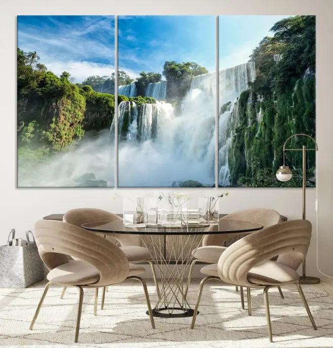 The Iguazu Nal Park Wall Art Canvas Print is a triptych display featuring museum-quality polycotton and a UV-protective coating. This ready-to-hang piece adds both elegance and durability to your space.