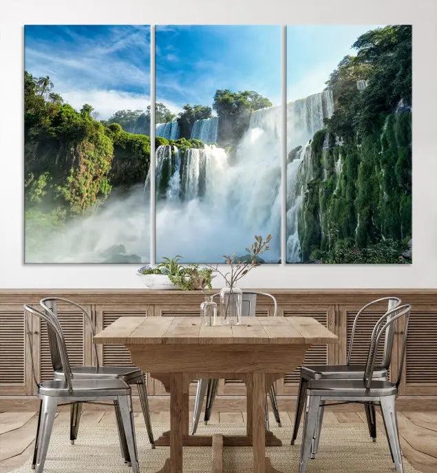 The Iguazu Nal Park Wall Art Canvas Print is a triptych display featuring museum-quality polycotton and a UV-protective coating. This ready-to-hang piece adds both elegance and durability to your space.