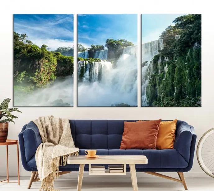 The Iguazu Nal Park Wall Art Canvas Print is a triptych display featuring museum-quality polycotton and a UV-protective coating. This ready-to-hang piece adds both elegance and durability to your space.