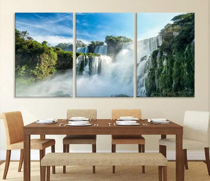 The Iguazu Nal Park Wall Art Canvas Print is a triptych display featuring museum-quality polycotton and a UV-protective coating. This ready-to-hang piece adds both elegance and durability to your space.