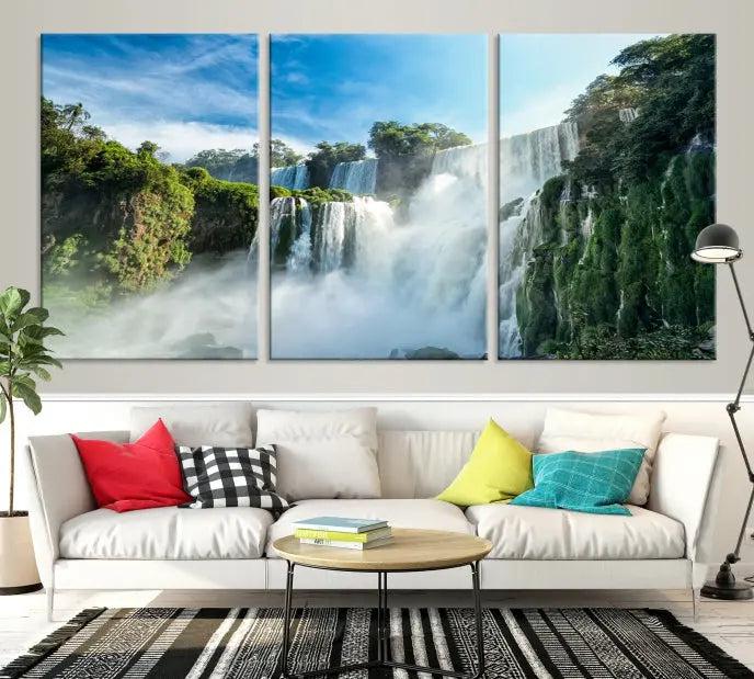 The Iguazu Nal Park Wall Art Canvas Print is a triptych display featuring museum-quality polycotton and a UV-protective coating. This ready-to-hang piece adds both elegance and durability to your space.