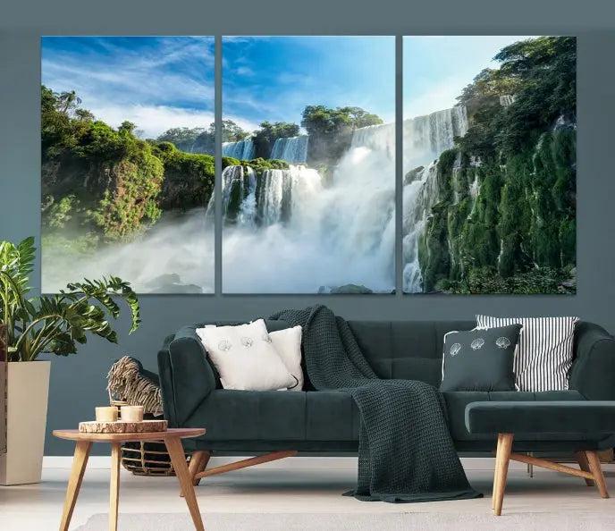 The Iguazu Nal Park Wall Art Canvas Print is a triptych display featuring museum-quality polycotton and a UV-protective coating. This ready-to-hang piece adds both elegance and durability to your space.