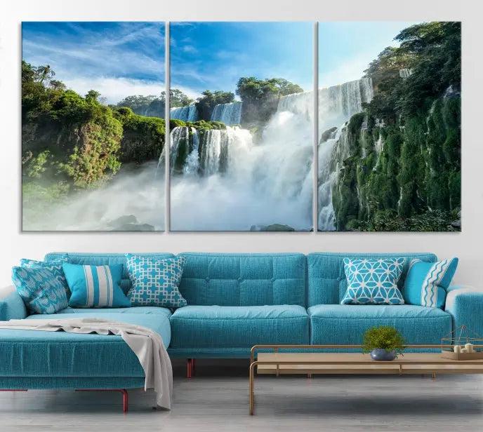 The Iguazu Nal Park Wall Art Canvas Print is a triptych display featuring museum-quality polycotton and a UV-protective coating. This ready-to-hang piece adds both elegance and durability to your space.