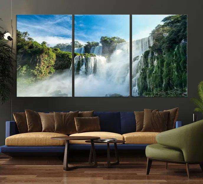 The Iguazu Nal Park Wall Art Canvas Print is a triptych display featuring museum-quality polycotton and a UV-protective coating. This ready-to-hang piece adds both elegance and durability to your space.