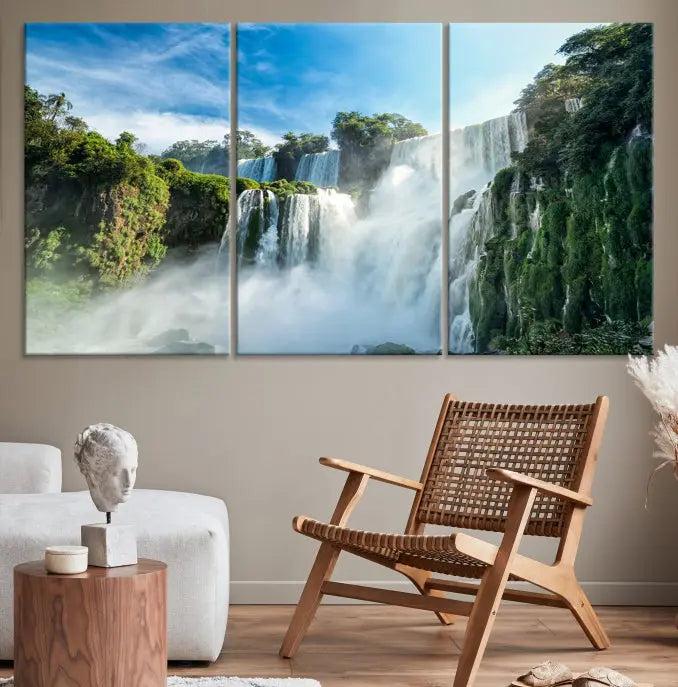 The Iguazu Nal Park Wall Art Canvas Print is a triptych display featuring museum-quality polycotton and a UV-protective coating. This ready-to-hang piece adds both elegance and durability to your space.