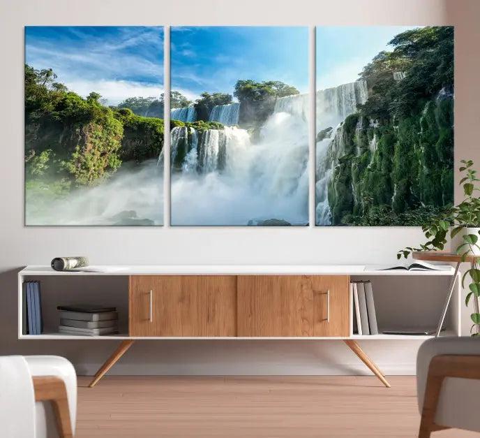 The Iguazu Nal Park Wall Art Canvas Print is a triptych display featuring museum-quality polycotton and a UV-protective coating. This ready-to-hang piece adds both elegance and durability to your space.