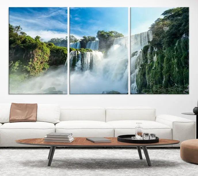 The Iguazu Nal Park Wall Art Canvas Print is a triptych display featuring museum-quality polycotton and a UV-protective coating. This ready-to-hang piece adds both elegance and durability to your space.