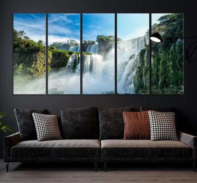 The Iguazu Nal Park Wall Art Canvas Print is a triptych display featuring museum-quality polycotton and a UV-protective coating. This ready-to-hang piece adds both elegance and durability to your space.