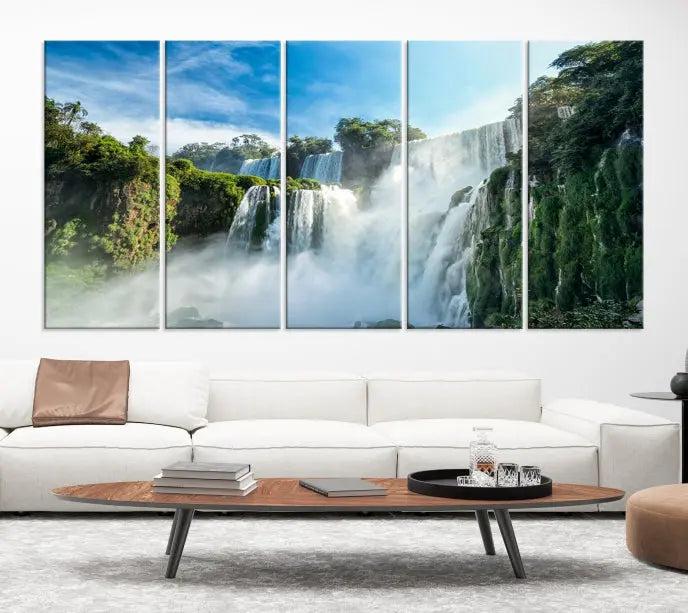 The Iguazu Nal Park Wall Art Canvas Print is a triptych display featuring museum-quality polycotton and a UV-protective coating. This ready-to-hang piece adds both elegance and durability to your space.