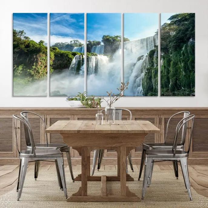 The Iguazu Nal Park Wall Art Canvas Print is a triptych display featuring museum-quality polycotton and a UV-protective coating. This ready-to-hang piece adds both elegance and durability to your space.