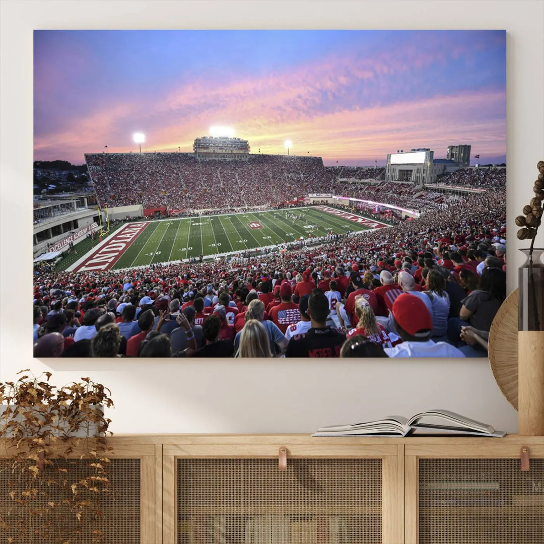 Living room featuring the Indiana University Hoosiers Football Team Print - Bloomington Memorial Stadium Wall Art Canvas Print, showcasing a packed football stadium at sunset for a gallery-quality finish.