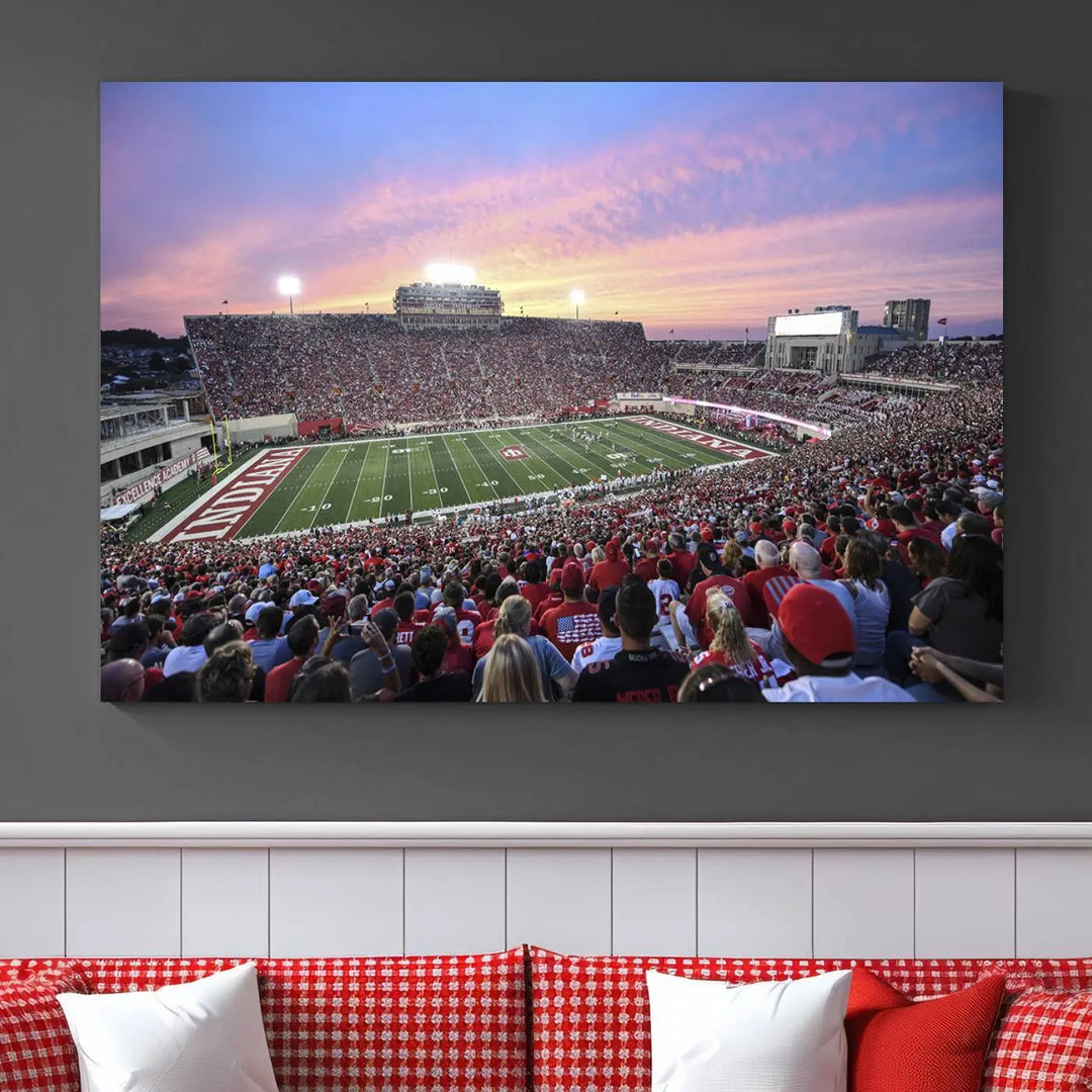 Living room featuring the Indiana University Hoosiers Football Team Print - Bloomington Memorial Stadium Wall Art Canvas Print, showcasing a packed football stadium at sunset for a gallery-quality finish.