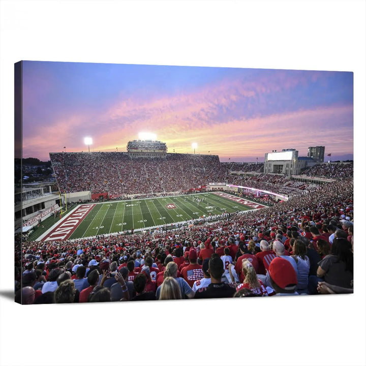 Living room featuring the Indiana University Hoosiers Football Team Print - Bloomington Memorial Stadium Wall Art Canvas Print, showcasing a packed football stadium at sunset for a gallery-quality finish.