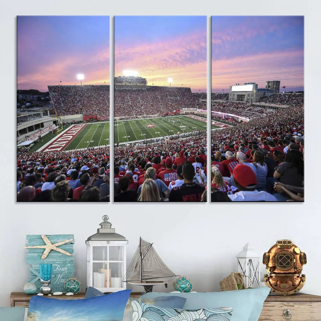 Living room featuring the Indiana University Hoosiers Football Team Print - Bloomington Memorial Stadium Wall Art Canvas Print, showcasing a packed football stadium at sunset for a gallery-quality finish.