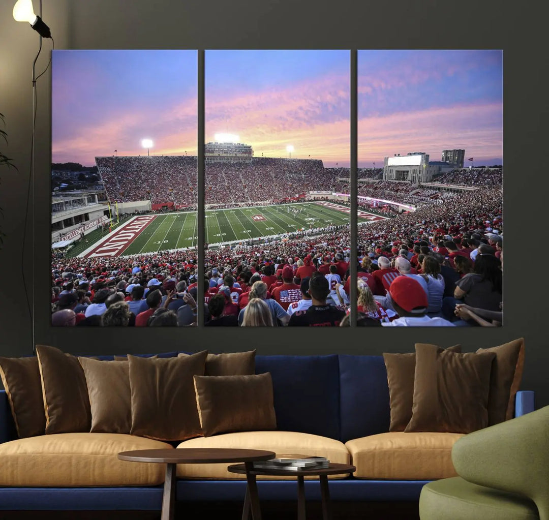 Living room featuring the Indiana University Hoosiers Football Team Print - Bloomington Memorial Stadium Wall Art Canvas Print, showcasing a packed football stadium at sunset for a gallery-quality finish.