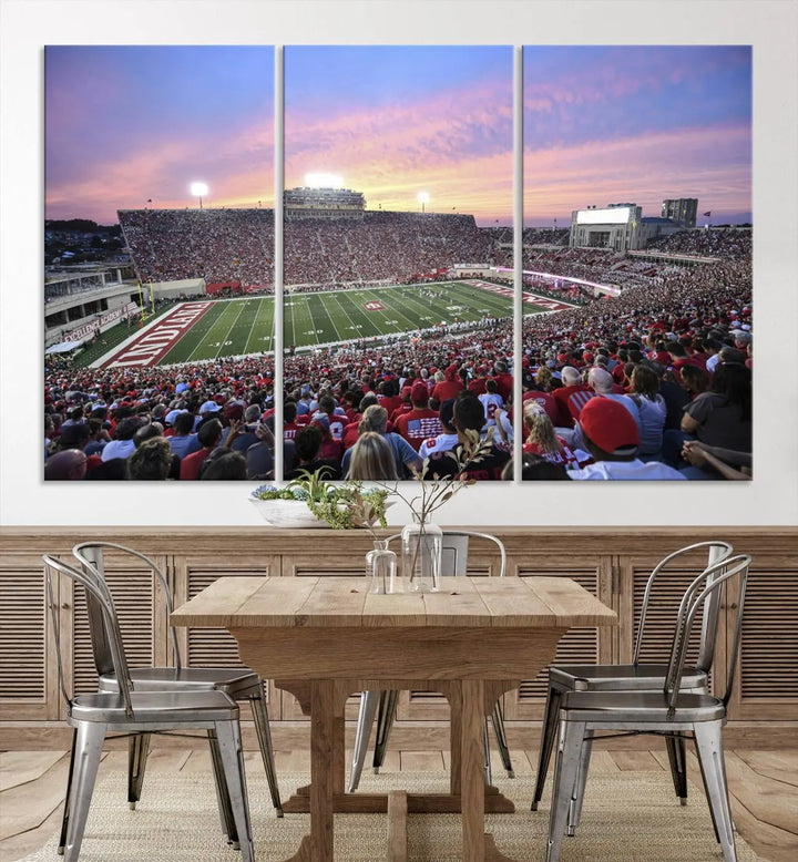 Living room featuring the Indiana University Hoosiers Football Team Print - Bloomington Memorial Stadium Wall Art Canvas Print, showcasing a packed football stadium at sunset for a gallery-quality finish.