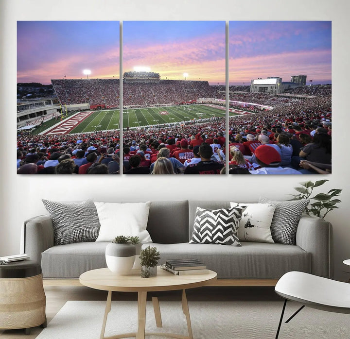 Living room featuring the Indiana University Hoosiers Football Team Print - Bloomington Memorial Stadium Wall Art Canvas Print, showcasing a packed football stadium at sunset for a gallery-quality finish.