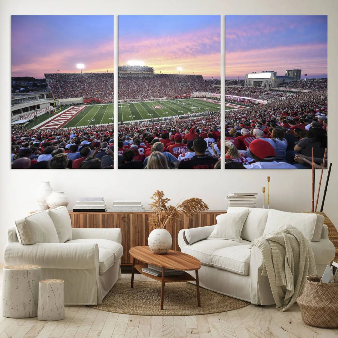 Living room featuring the Indiana University Hoosiers Football Team Print - Bloomington Memorial Stadium Wall Art Canvas Print, showcasing a packed football stadium at sunset for a gallery-quality finish.