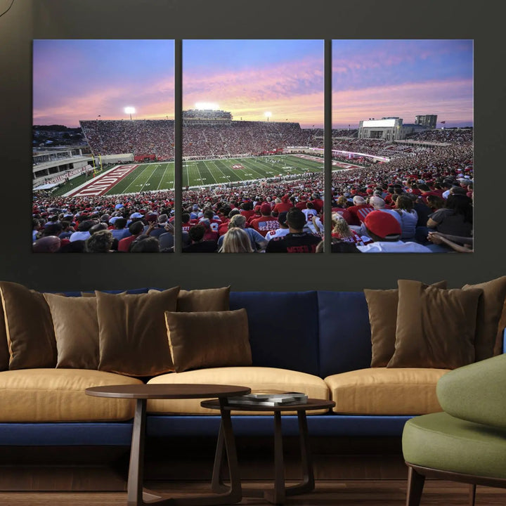 Living room featuring the Indiana University Hoosiers Football Team Print - Bloomington Memorial Stadium Wall Art Canvas Print, showcasing a packed football stadium at sunset for a gallery-quality finish.