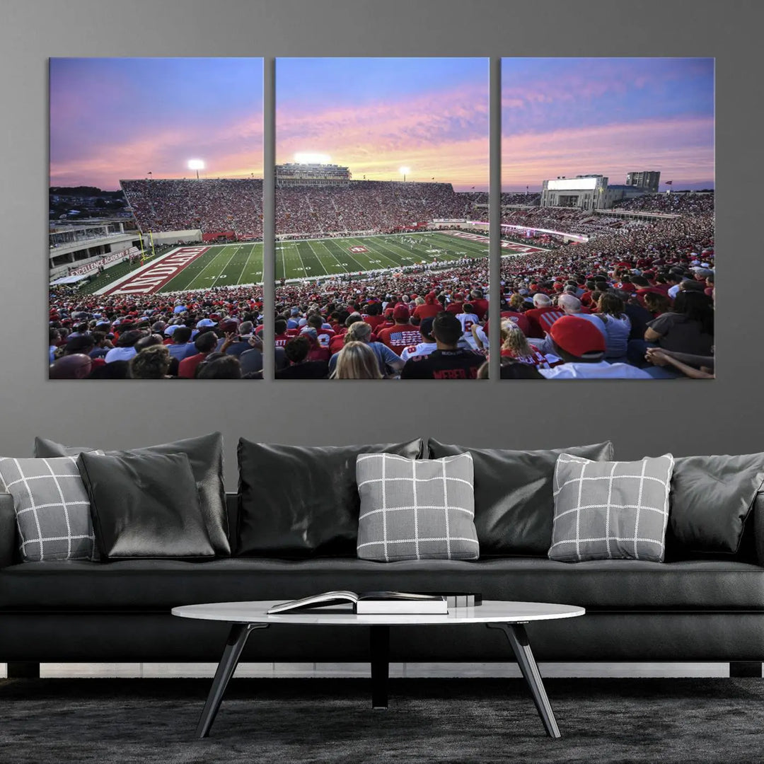 Living room featuring the Indiana University Hoosiers Football Team Print - Bloomington Memorial Stadium Wall Art Canvas Print, showcasing a packed football stadium at sunset for a gallery-quality finish.