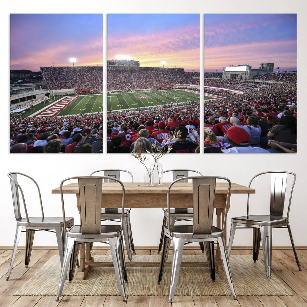 Living room featuring the Indiana University Hoosiers Football Team Print - Bloomington Memorial Stadium Wall Art Canvas Print, showcasing a packed football stadium at sunset for a gallery-quality finish.