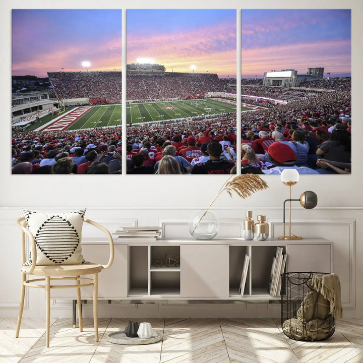 Living room featuring the Indiana University Hoosiers Football Team Print - Bloomington Memorial Stadium Wall Art Canvas Print, showcasing a packed football stadium at sunset for a gallery-quality finish.