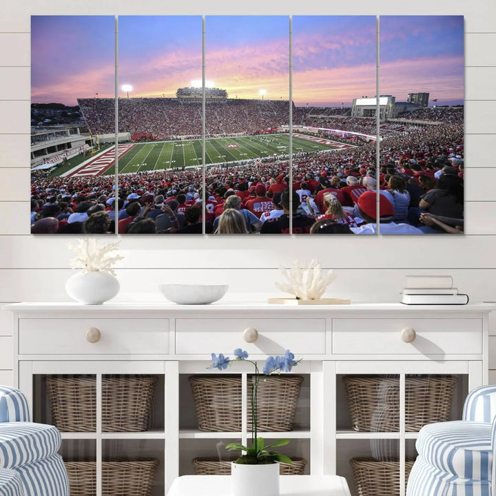 Living room featuring the Indiana University Hoosiers Football Team Print - Bloomington Memorial Stadium Wall Art Canvas Print, showcasing a packed football stadium at sunset for a gallery-quality finish.