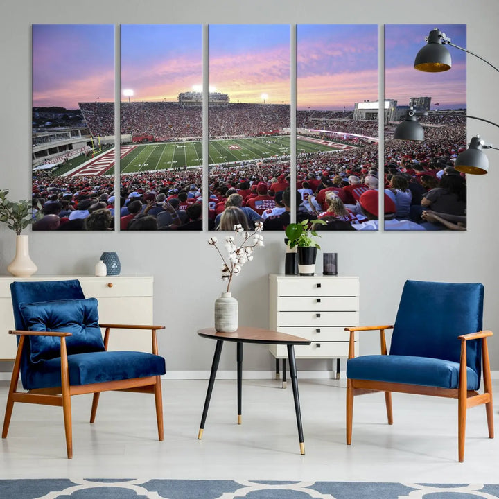 Living room featuring the Indiana University Hoosiers Football Team Print - Bloomington Memorial Stadium Wall Art Canvas Print, showcasing a packed football stadium at sunset for a gallery-quality finish.