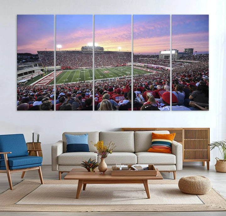 Living room featuring the Indiana University Hoosiers Football Team Print - Bloomington Memorial Stadium Wall Art Canvas Print, showcasing a packed football stadium at sunset for a gallery-quality finish.