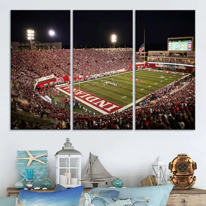 Bring the electrifying atmosphere of a packed football stadium into your home with the Indiana University Hoosiers Football Team Print. This gallery-quality canvas artwork features Bloomington Memorial Stadium at night, capturing the vibrant energy of the game.