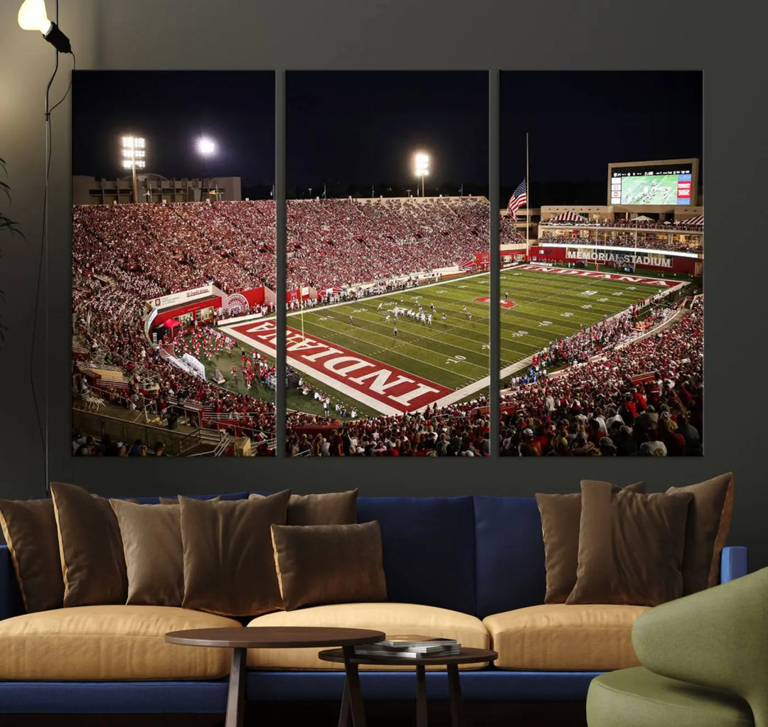 Bring the electrifying atmosphere of a packed football stadium into your home with the Indiana University Hoosiers Football Team Print. This gallery-quality canvas artwork features Bloomington Memorial Stadium at night, capturing the vibrant energy of the game.