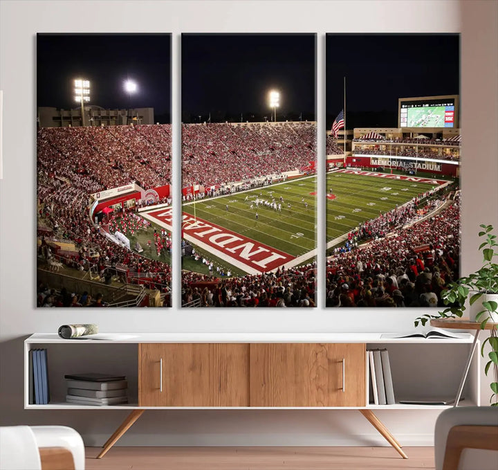 Bring the electrifying atmosphere of a packed football stadium into your home with the Indiana University Hoosiers Football Team Print. This gallery-quality canvas artwork features Bloomington Memorial Stadium at night, capturing the vibrant energy of the game.