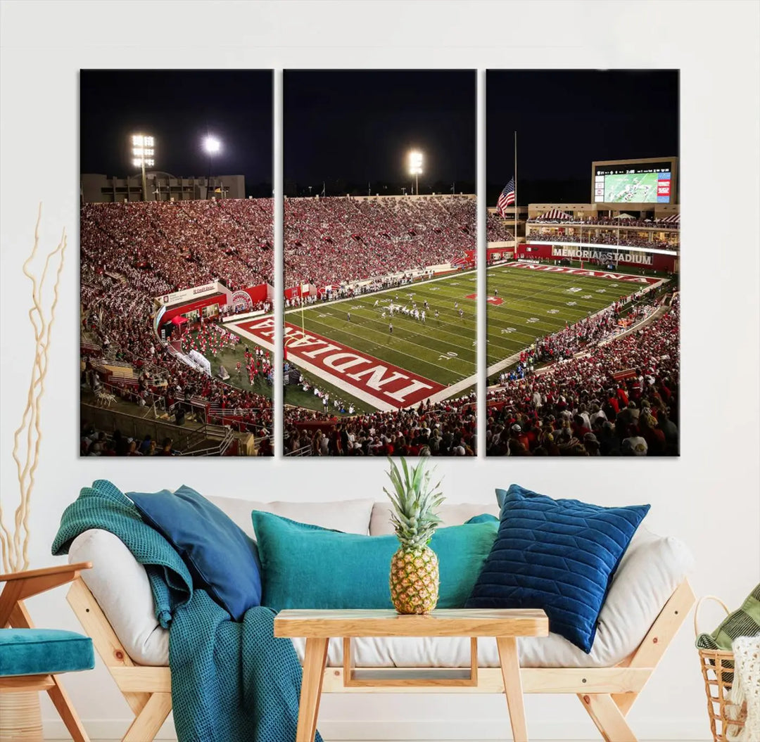 Bring the electrifying atmosphere of a packed football stadium into your home with the Indiana University Hoosiers Football Team Print. This gallery-quality canvas artwork features Bloomington Memorial Stadium at night, capturing the vibrant energy of the game.