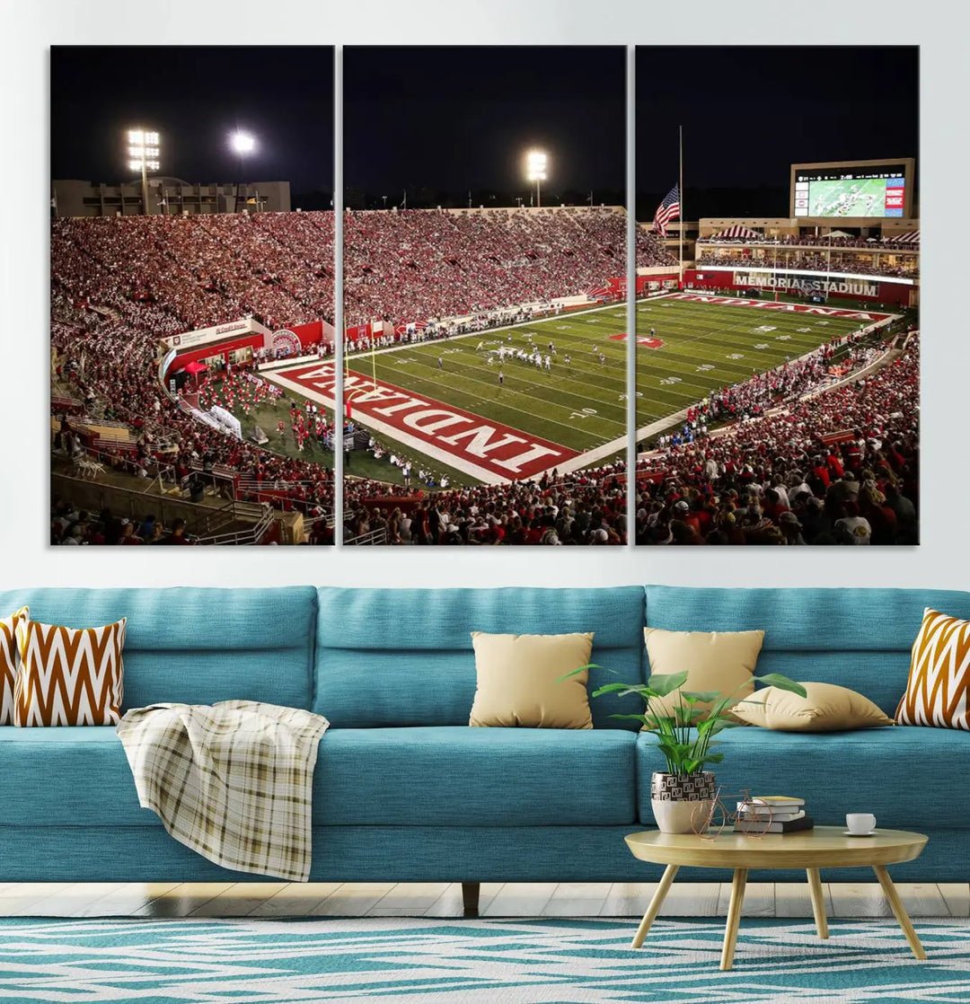 Bring the electrifying atmosphere of a packed football stadium into your home with the Indiana University Hoosiers Football Team Print. This gallery-quality canvas artwork features Bloomington Memorial Stadium at night, capturing the vibrant energy of the game.