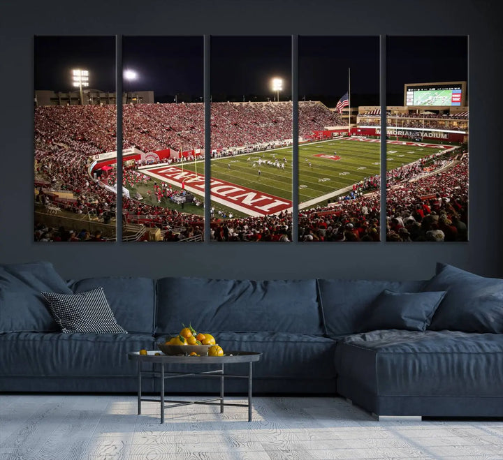 Bring the electrifying atmosphere of a packed football stadium into your home with the Indiana University Hoosiers Football Team Print. This gallery-quality canvas artwork features Bloomington Memorial Stadium at night, capturing the vibrant energy of the game.