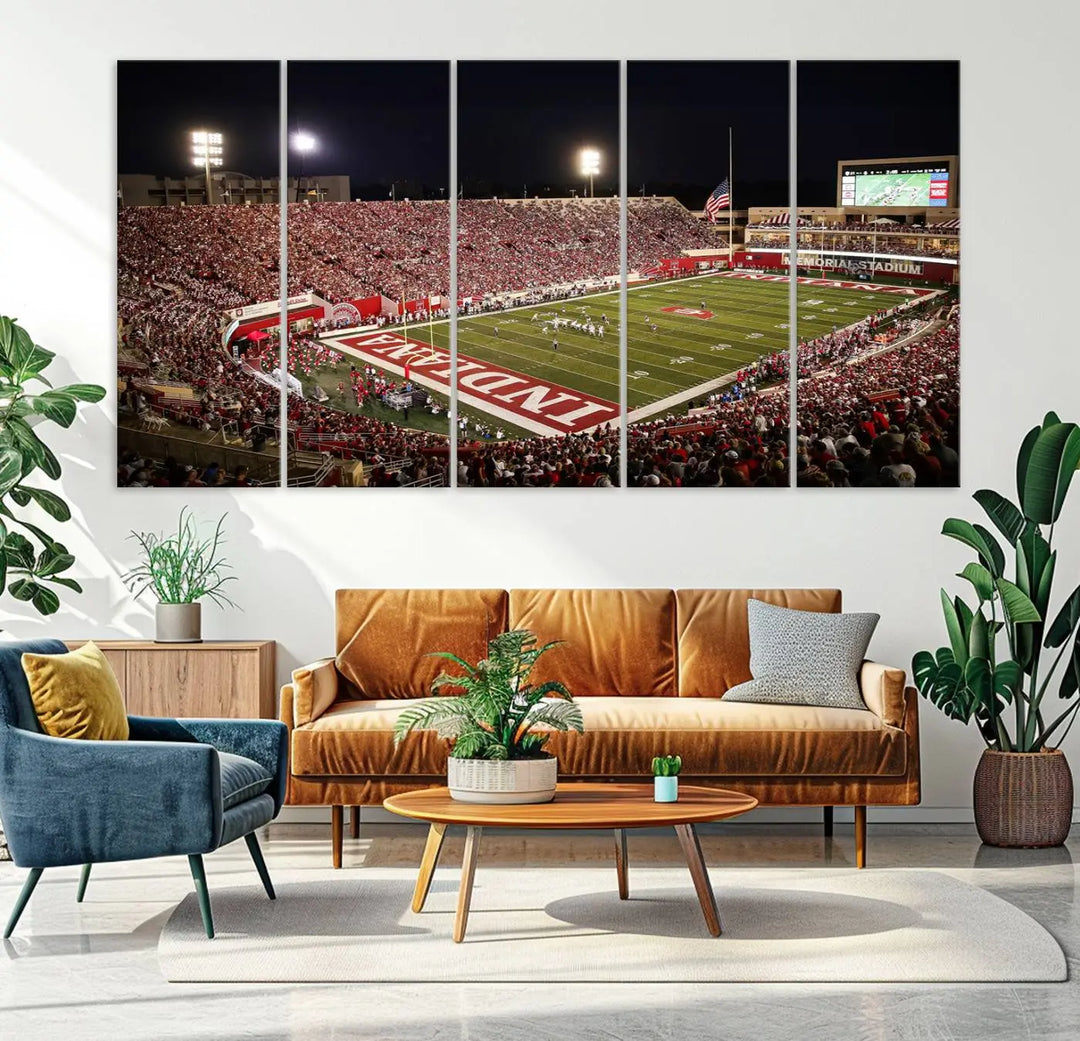 Bring the electrifying atmosphere of a packed football stadium into your home with the Indiana University Hoosiers Football Team Print. This gallery-quality canvas artwork features Bloomington Memorial Stadium at night, capturing the vibrant energy of the game.