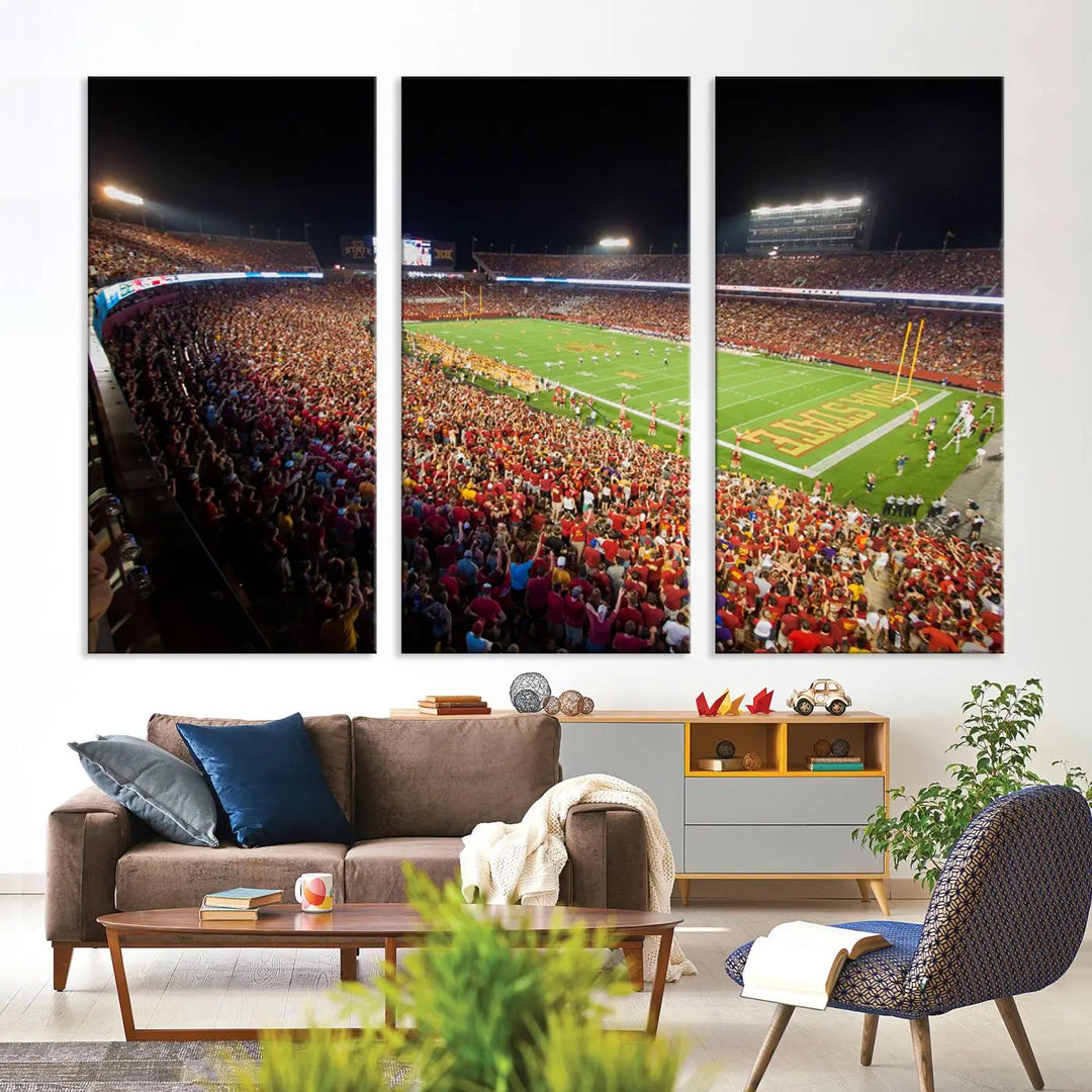 The Iowa State University Cyclones Football Team Print showcases a bustling Jack Trice Stadium in Ames, with the vibrant crowd in red attire enhancing its gallery-quality finish.