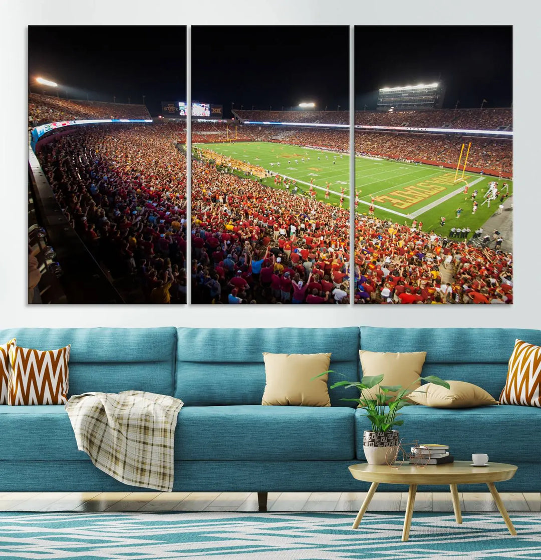 The Iowa State University Cyclones Football Team Print showcases a bustling Jack Trice Stadium in Ames, with the vibrant crowd in red attire enhancing its gallery-quality finish.