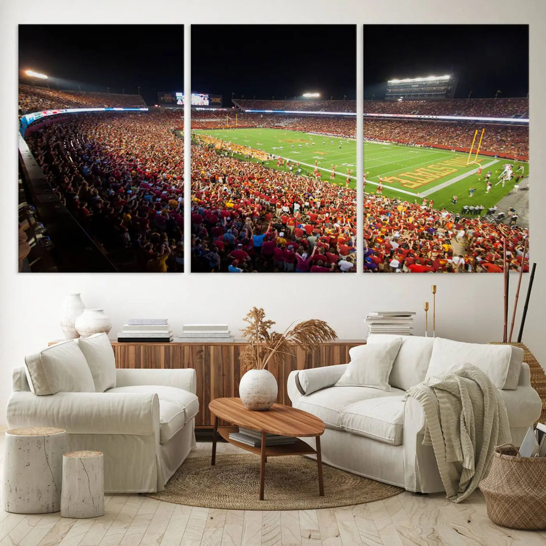 The Iowa State University Cyclones Football Team Print showcases a bustling Jack Trice Stadium in Ames, with the vibrant crowd in red attire enhancing its gallery-quality finish.