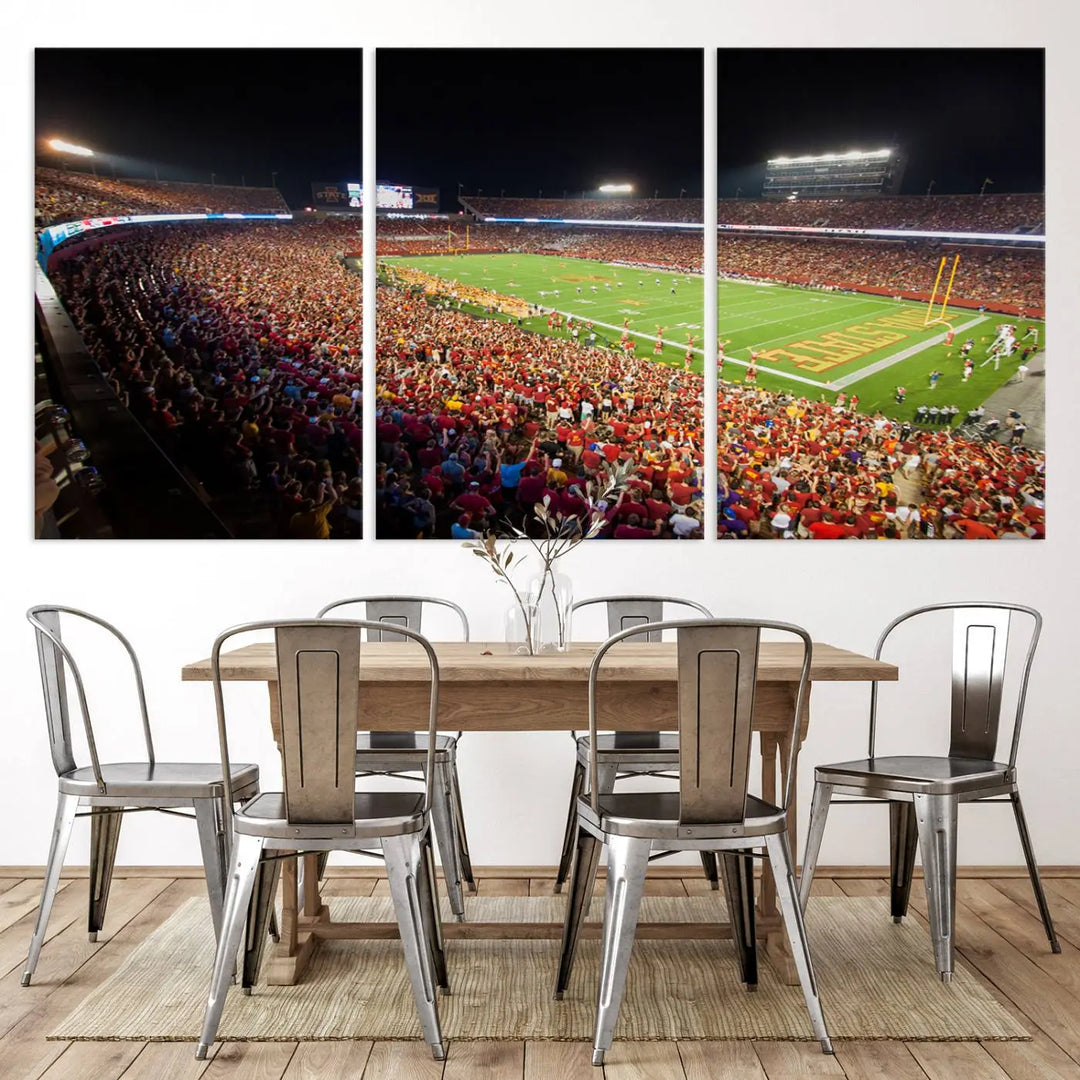 The Iowa State University Cyclones Football Team Print showcases a bustling Jack Trice Stadium in Ames, with the vibrant crowd in red attire enhancing its gallery-quality finish.