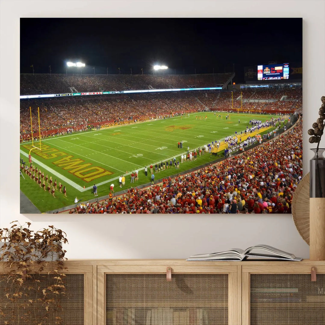 Iowa State University Cyclones Football Team Print of Ames Jack Trice Stadium during a game, crafted on museum-quality canvas with gallery-wrapped edges, brings dynamic energy to your space.